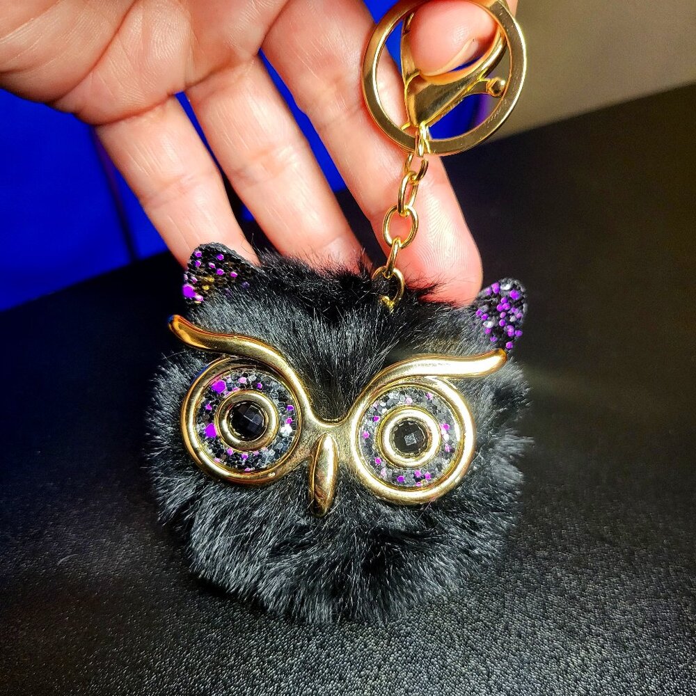NWOT Owl with Gold Glasses & Keychain/Clip - Black
